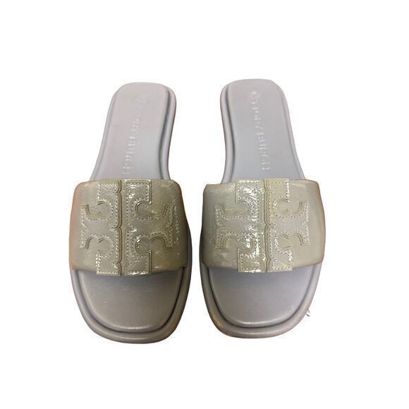 Tory‎ Burch Double T Sport Slide Sandal in Blue Patent Leather Size 7.5 - Picture 2 of 6